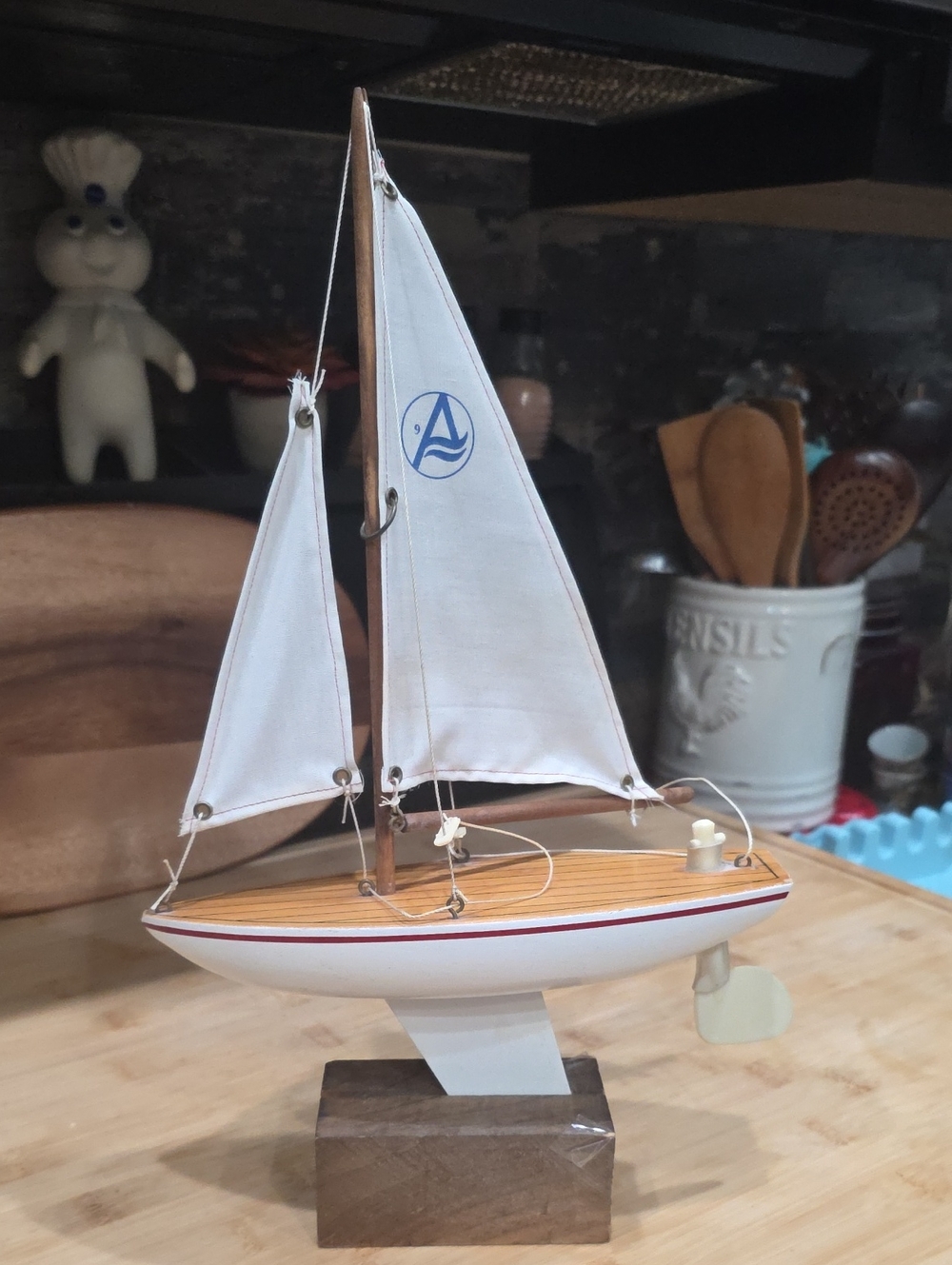 Sailboat Tabletop Decor in White with Wood Base